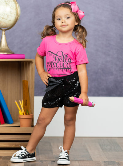Little Girls Hello Preschool Top & Sequin Shorts Set | Mia Belle Girls