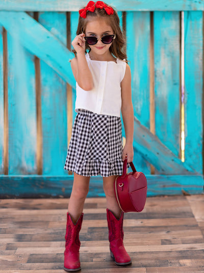 Girls White Cropped Top with Front Buttons and Checkered Skirt