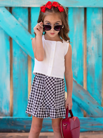 Girls White Cropped Top with Front Buttons and Checkered Skirt