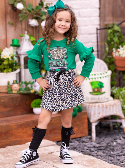 St. Patrick's Day Clothes | Girls Luck Truck Top & Leopard Skirt Set 
