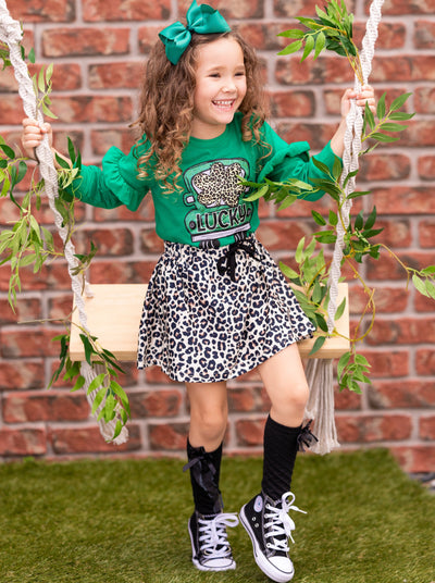 St. Patrick's Day Clothes | Girls Luck Truck Top & Leopard Skirt Set 