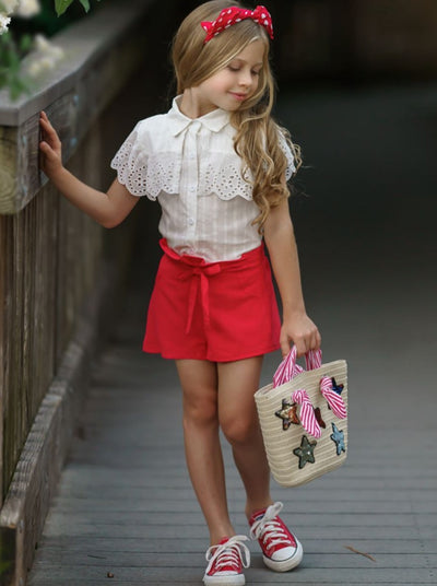 Kids Spring Clothes | Girls Buttoned Eyelet Bib Top & Shorts Set