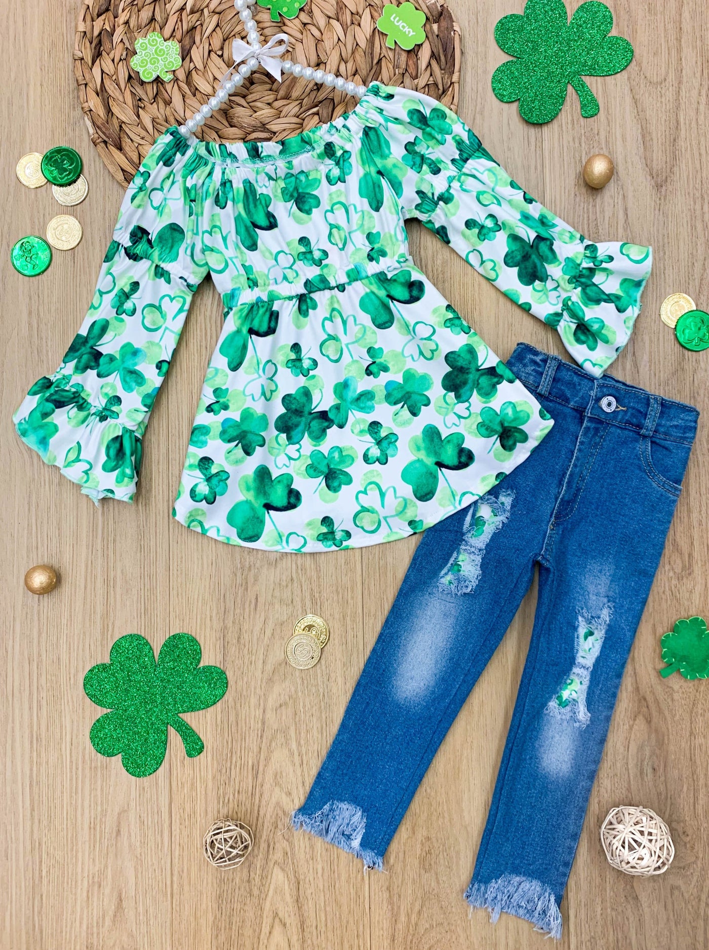Cute St. Patty's Day Outfits | Bell Sleeve Tunic & Patched Jeans Set