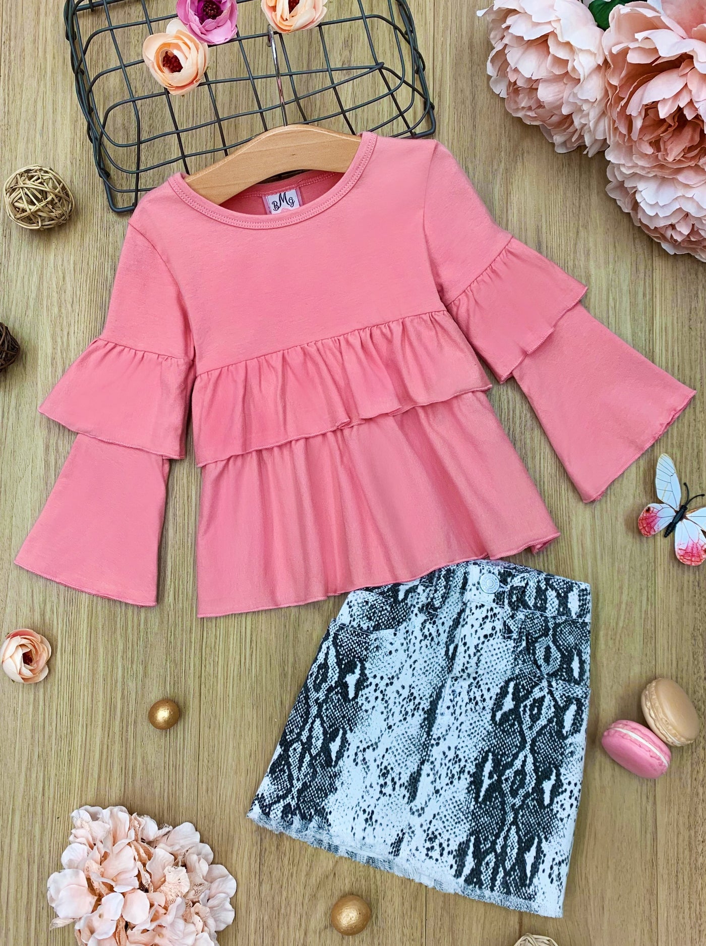 Toddler Spring Outfits | Girls Pink Ruffle Top & Snake Print Skirt Set