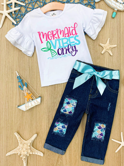 Girls Spring Outfits | Mermaid Vibes Only Top & Patched Jeans Set