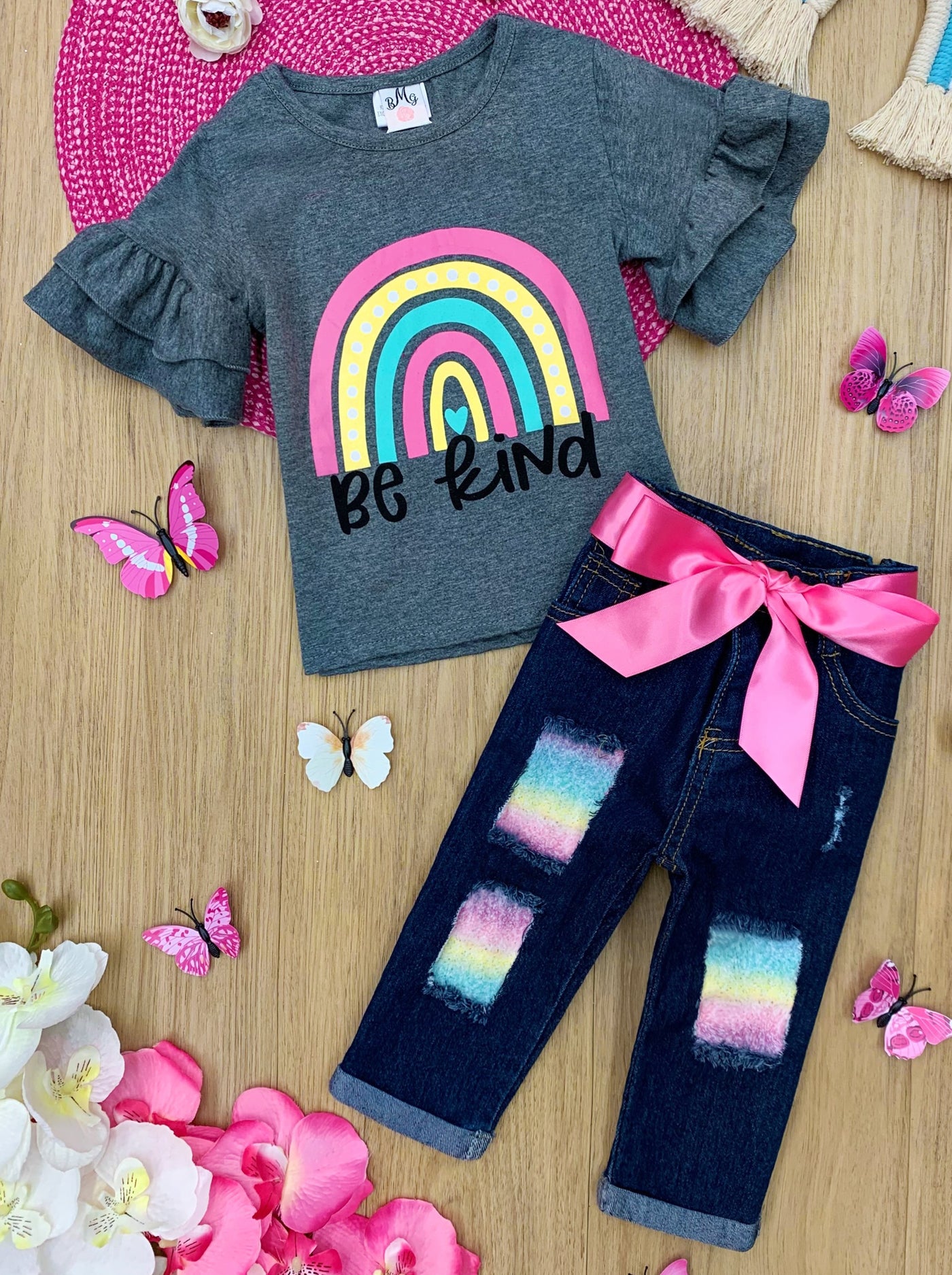 Girls Spring Outfits | Be Kind Rainbow Ruffle Top & Patched Jeans Set