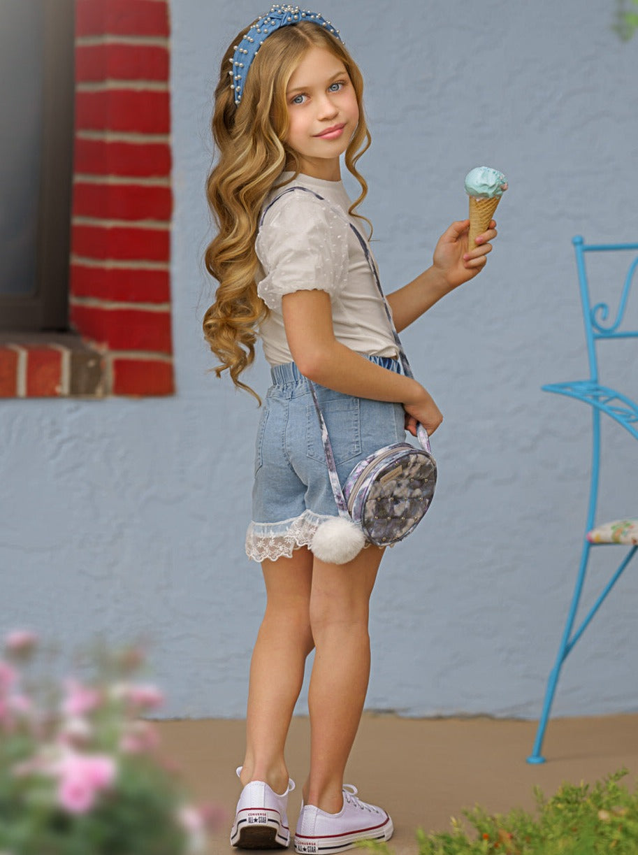 Spring Fashion Sale | Girls Lace Capped Sleeve Top & Denim Shorts Set