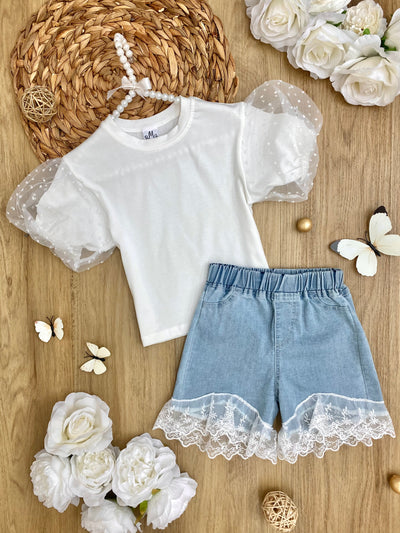 Spring Fashion Sale | Girls Lace Capped Sleeve Top & Denim Shorts Set