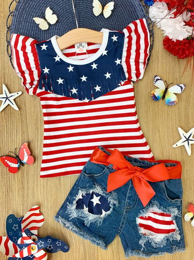 Girls Spangled Banner Top and Denim Shorts with Sash Set - Mia Belle Girls