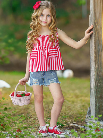 Cute Toddler Outfit | Little Girls Striped Top & Denim Shorts Set