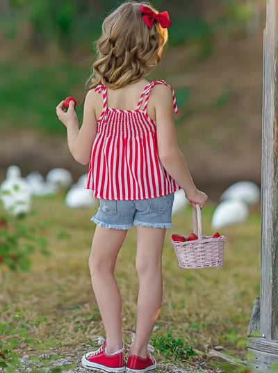Cute Toddler Outfit | Little Girls Striped Top & Denim Shorts Set