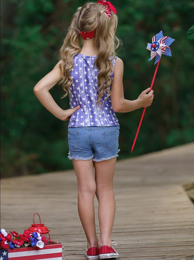 Girls 4th of July Outfits | Knot Hem Top & Patched Denim Shorts Set 
