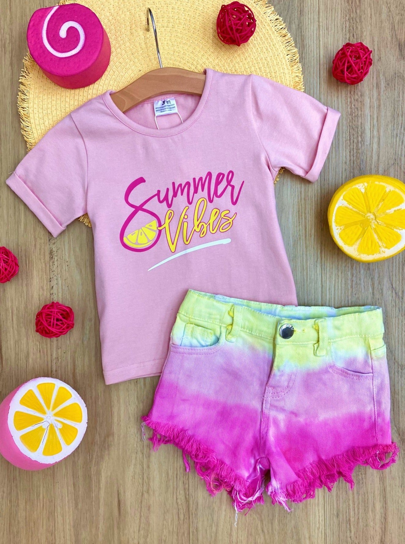 Girls Spring Outfits | Summer Vibes Top & Tie Dye Denim Shorts Set