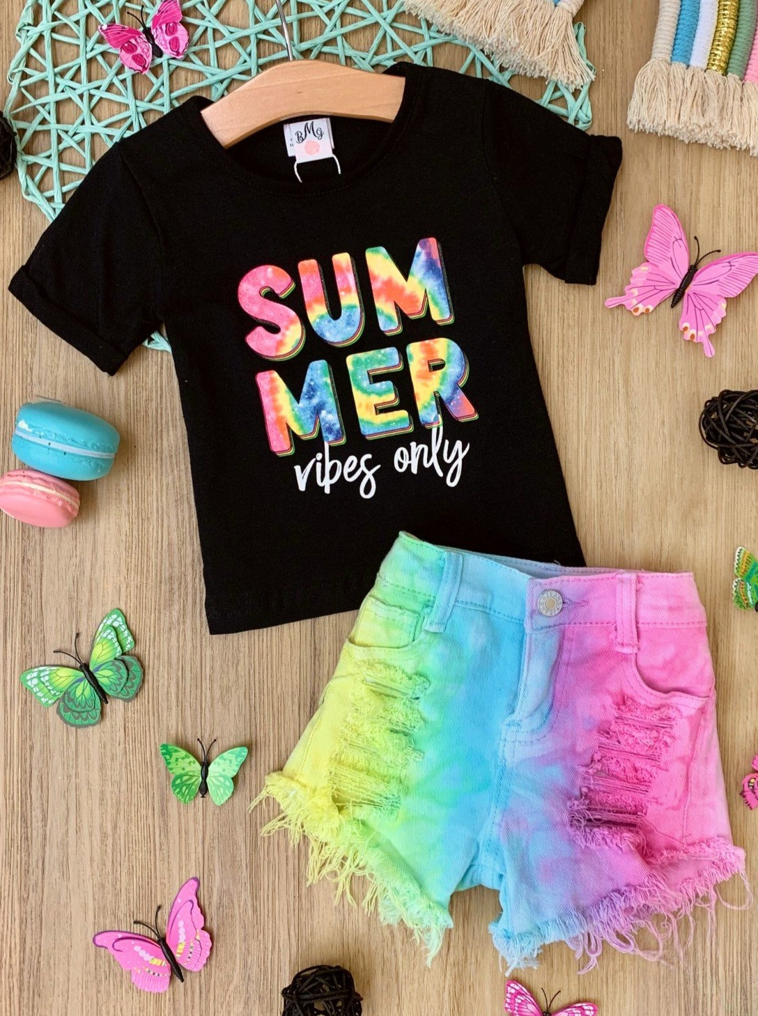 Girls "Summer Vibes Only" Knotted Top with Denim Tie Dye Shorts Set