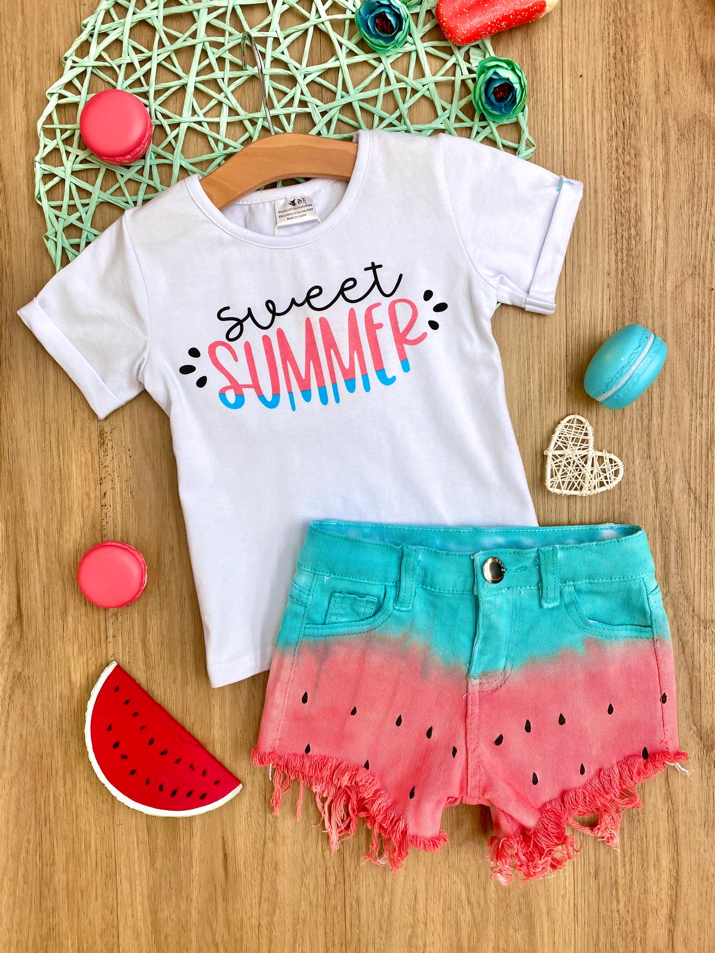 Little Girls Summer Sets | Sweet Summer Top & Tie Dye Denim Shorts Set