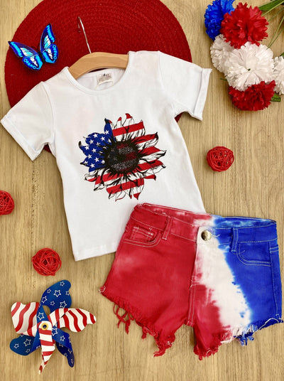 Girls 4th of July Outfits | US Flower Top & Tie Dye Denim Shorts Set