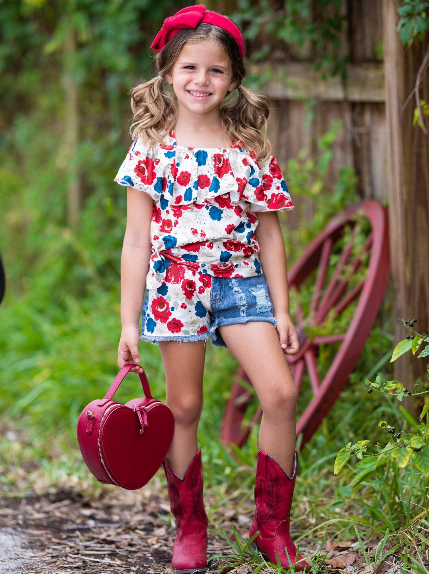 Girls Spring Outfits | Floral Ruffle Top & Patched Denim Shorts Set