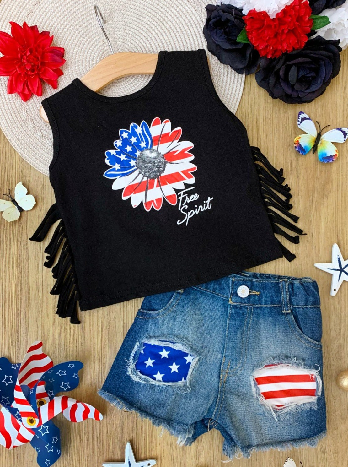 Girls 4th of July Sets | US Flag Flower Fringed Top & Denim Shorts Set