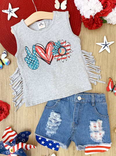 Girls 4th of July Outfits | US Pride Fringed Top & Denim Shorts Set