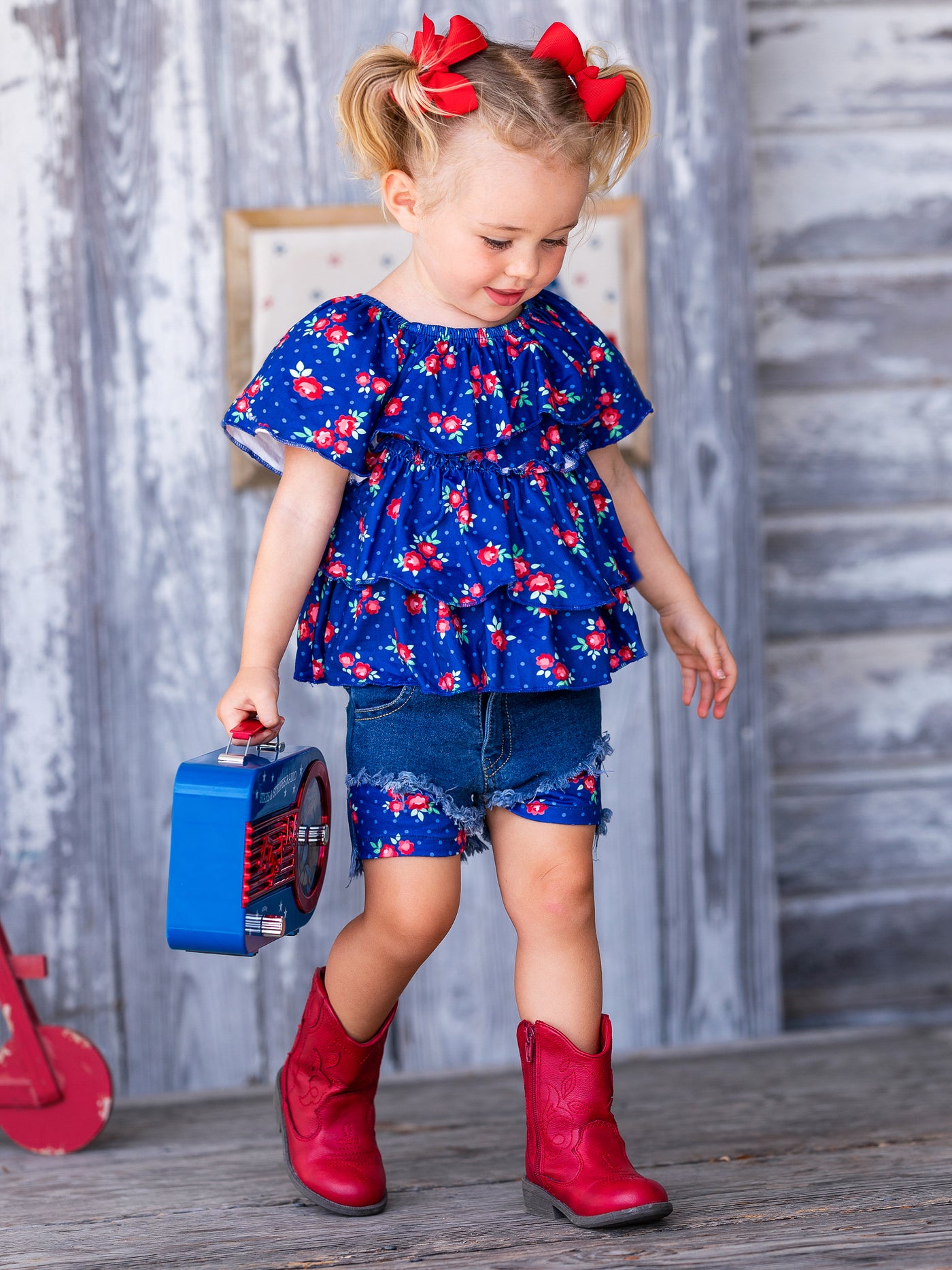 Cute Toddler Outfit | Girls Floral Polka Dot Top & Denim Shorts Set