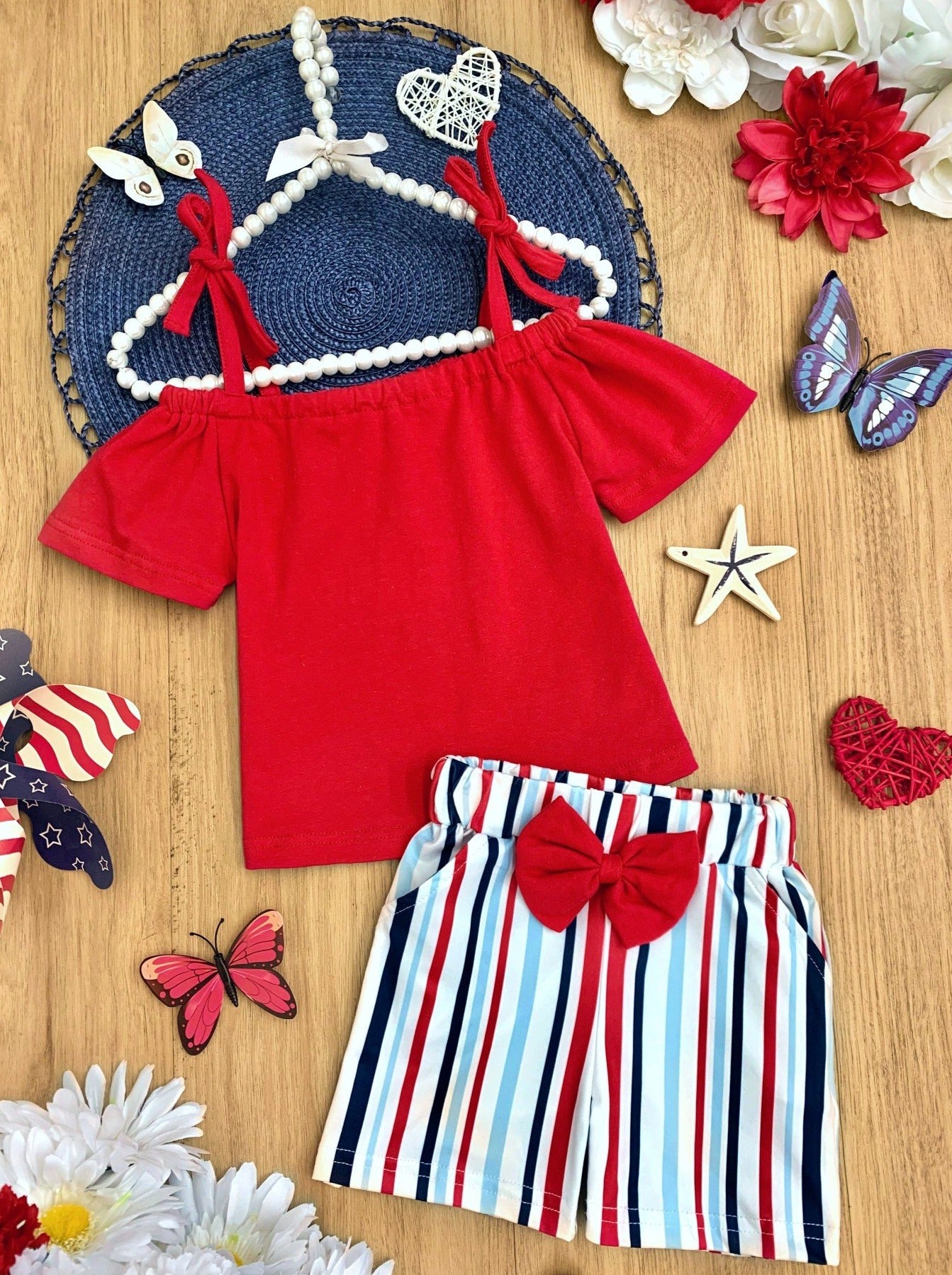 Toddler Spring Outfits | Girls Cold Shoulder Top & Striped Shorts Set