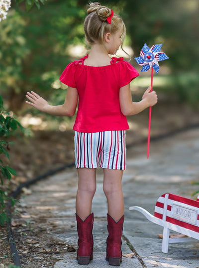 Toddler Spring Outfits | Girls Cold Shoulder Top & Striped Shorts Set