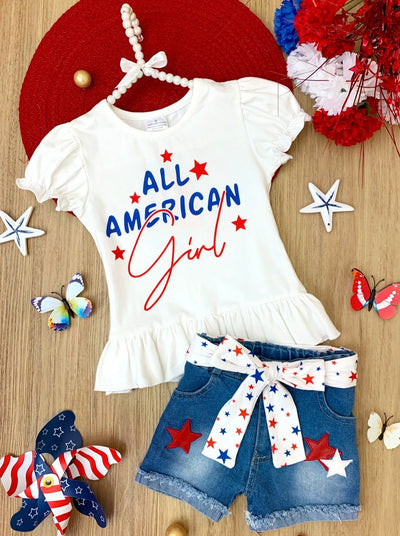 Mia Belle Girls All American Girl Denim Short Set | 4th of July
