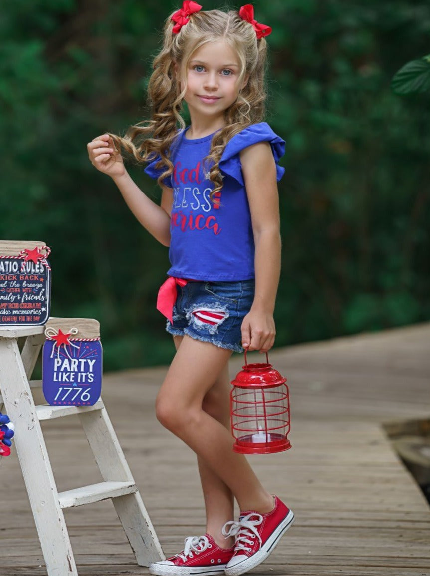 Girls 4th of July Outfits | God Bless America Top & Denim Shorts Set