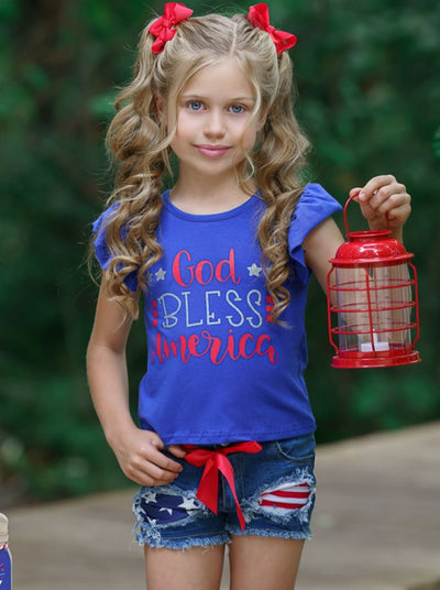 Girls 4th of July Outfits | God Bless America Top & Denim Shorts Set