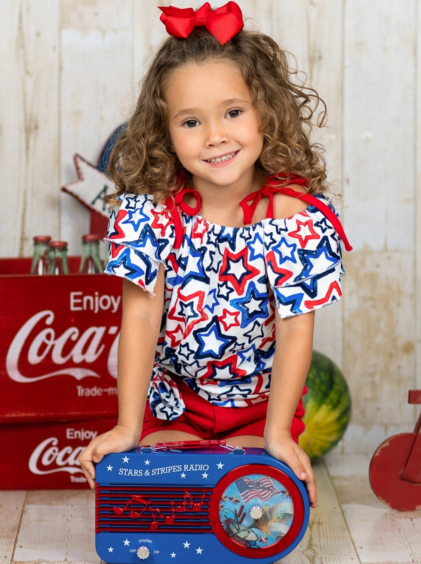 Toddler 4th of July Outfits | Girls Star Print Top & Denim Shorts Set