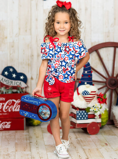 Toddler 4th of July Outfits | Girls Star Print Top & Denim Shorts Set