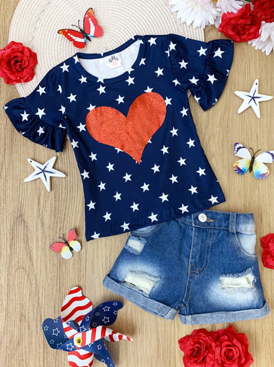 Kids 4th of July Outfits | Girls Glitter Heart Top & Denim Shorts Set