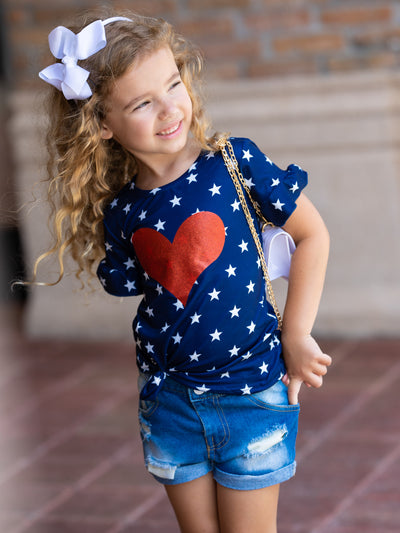Kids 4th of July Outfits | Girls Glitter Heart Top & Denim Shorts Set