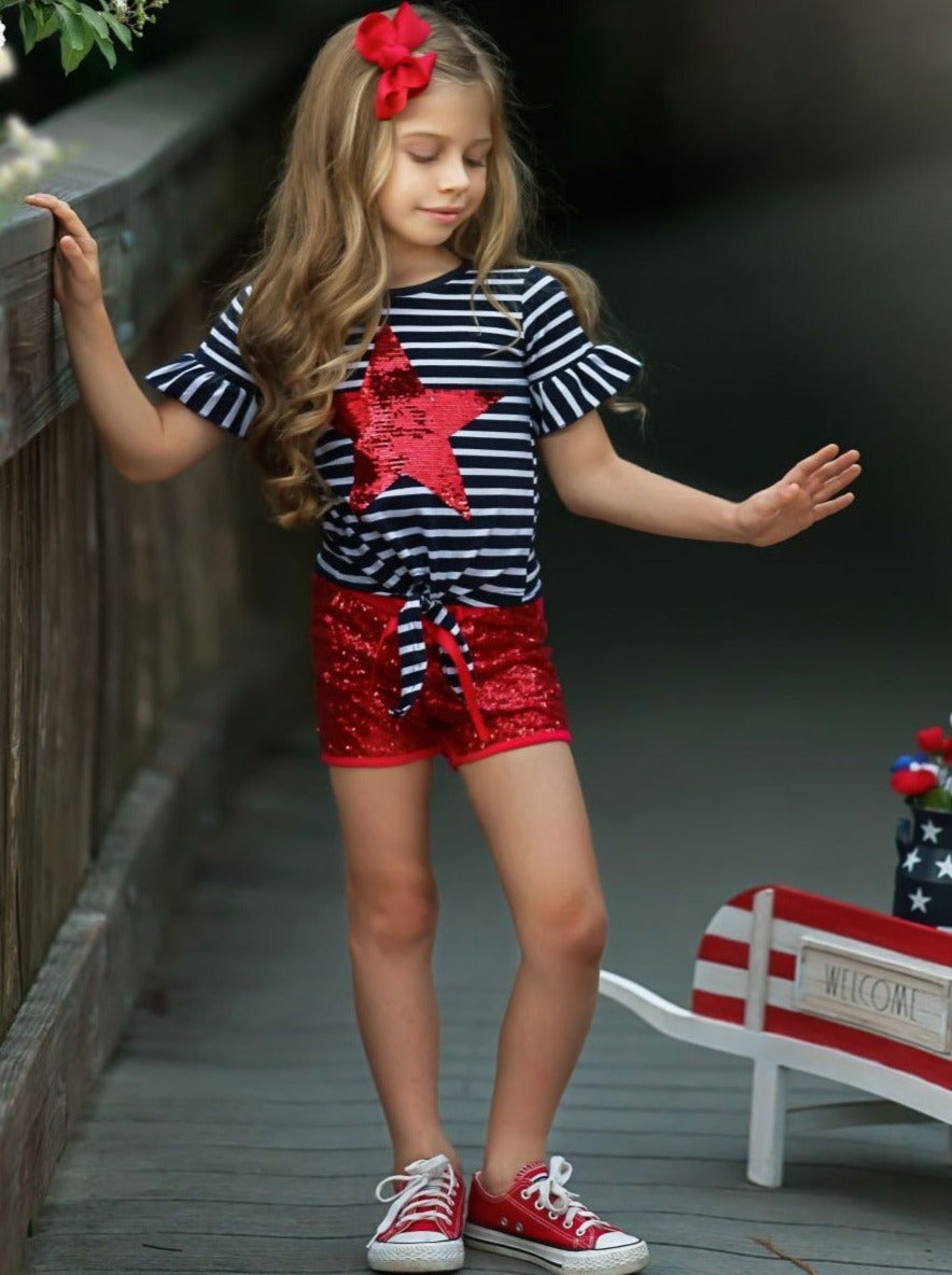 4th of July Outfits | Knot Top and Sequin Shorts Set - Mia Belle Girls