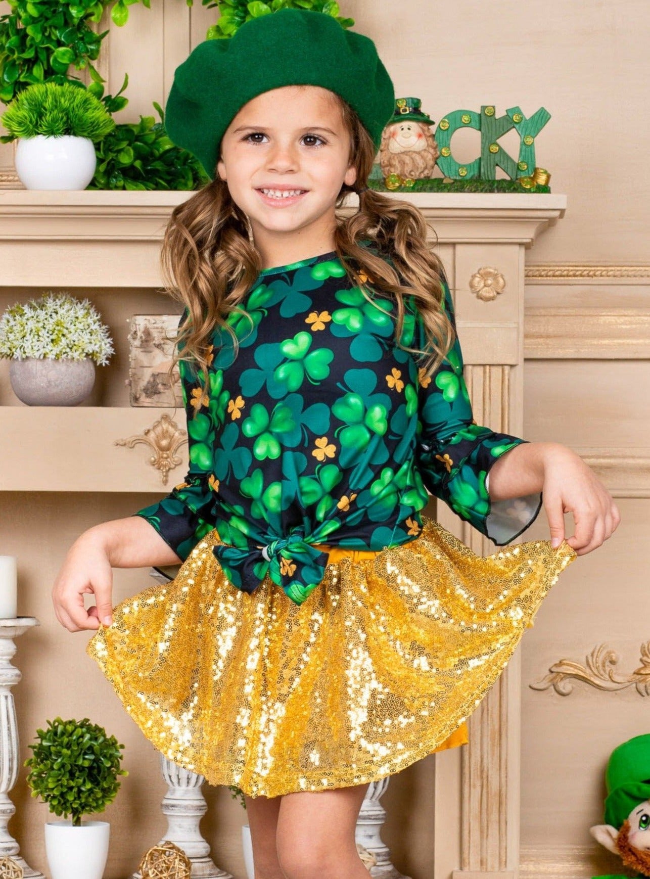 St. Patrick's Day Clothes | Girls Knot Hem Top & Sequin Skirt Set