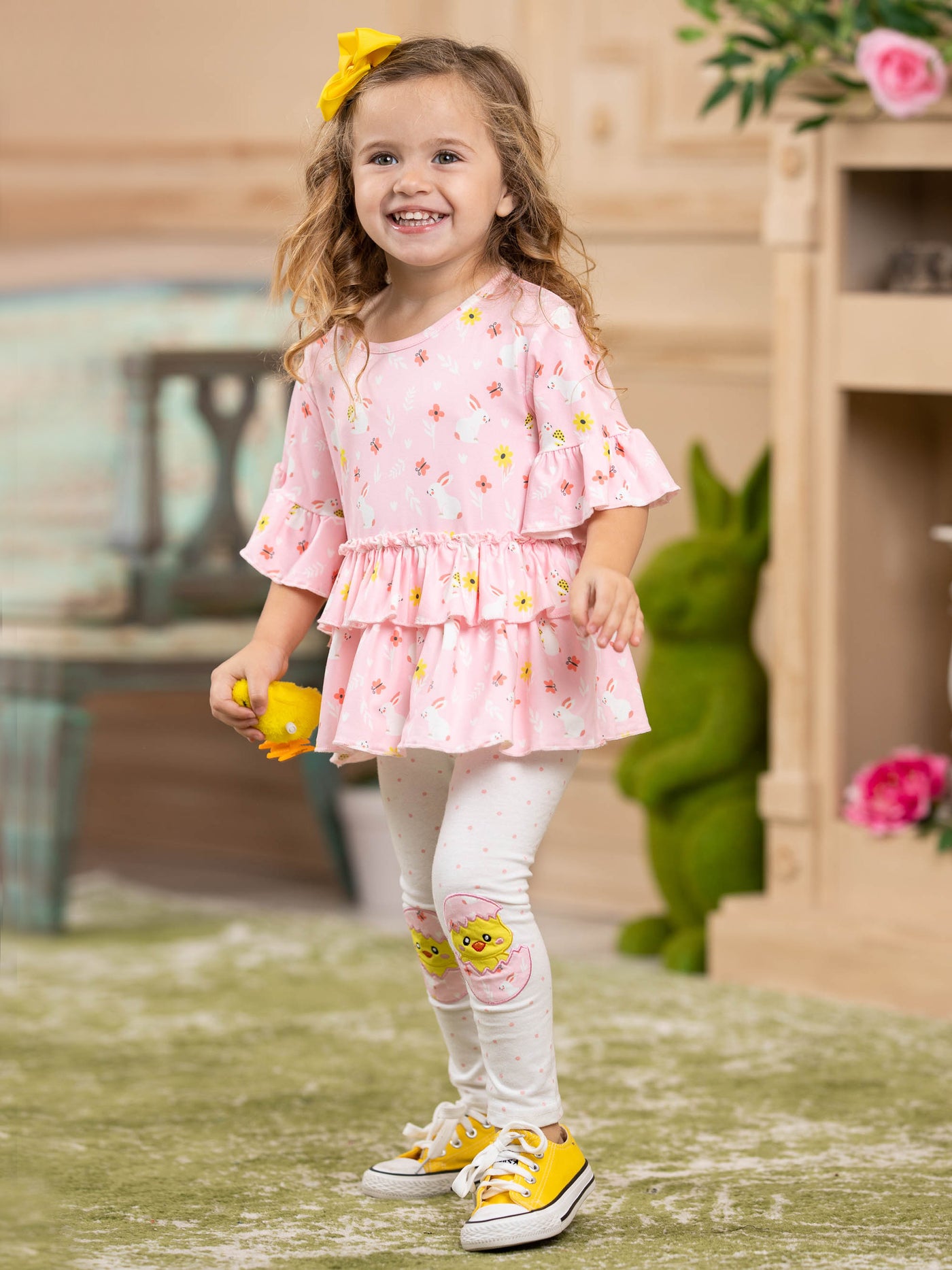 Kids Easter Outfits | Girls Tiered Ruffle Top & Patched Legging Set