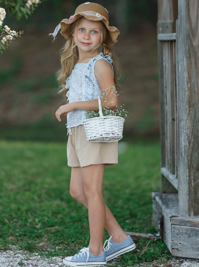 Girls Cute Spring Outfits | Eyelet Ruffle Top & Paperbag Shorts Set