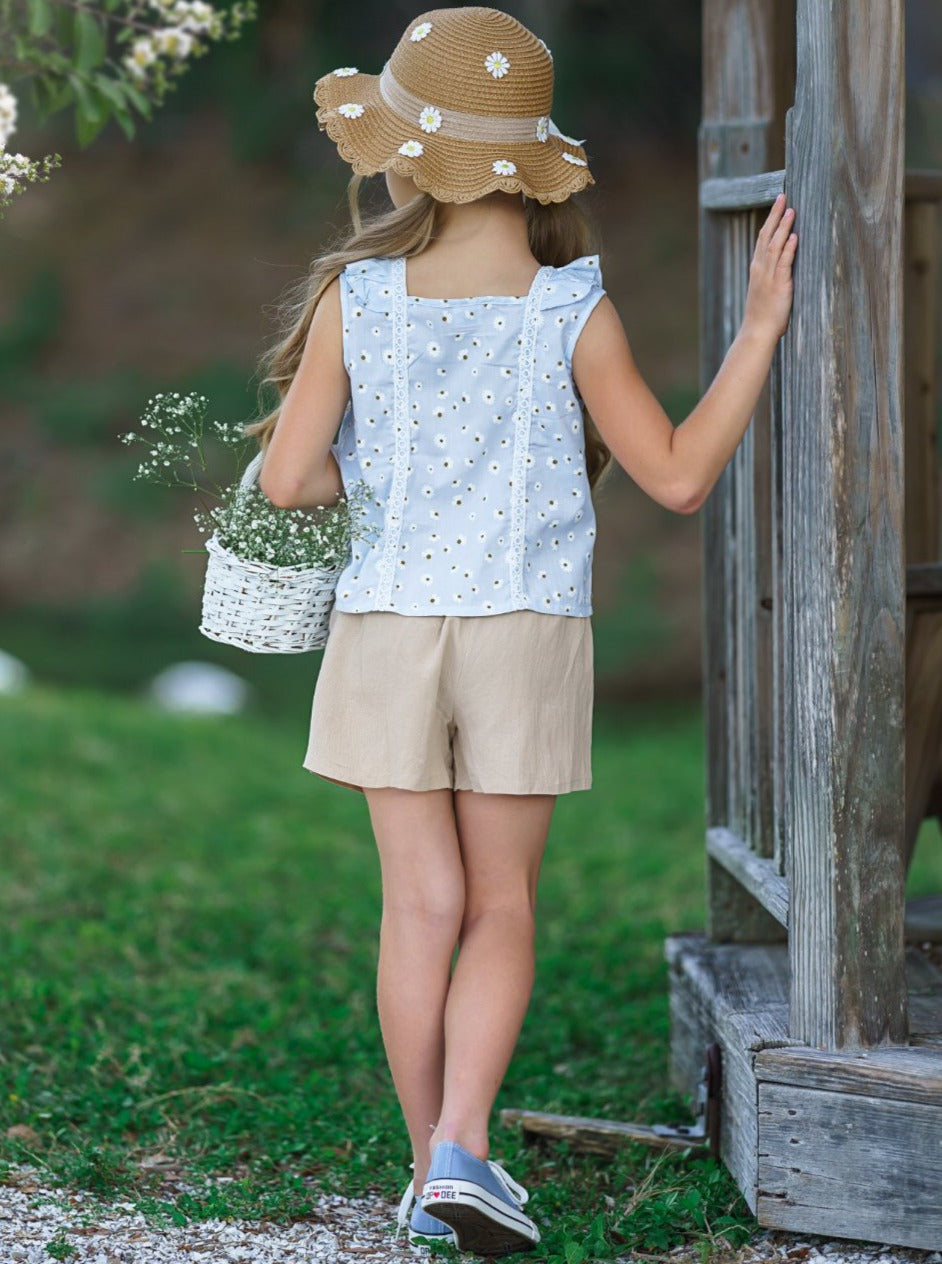 Girls Cute Spring Outfits | Eyelet Ruffle Top & Paperbag Shorts Set