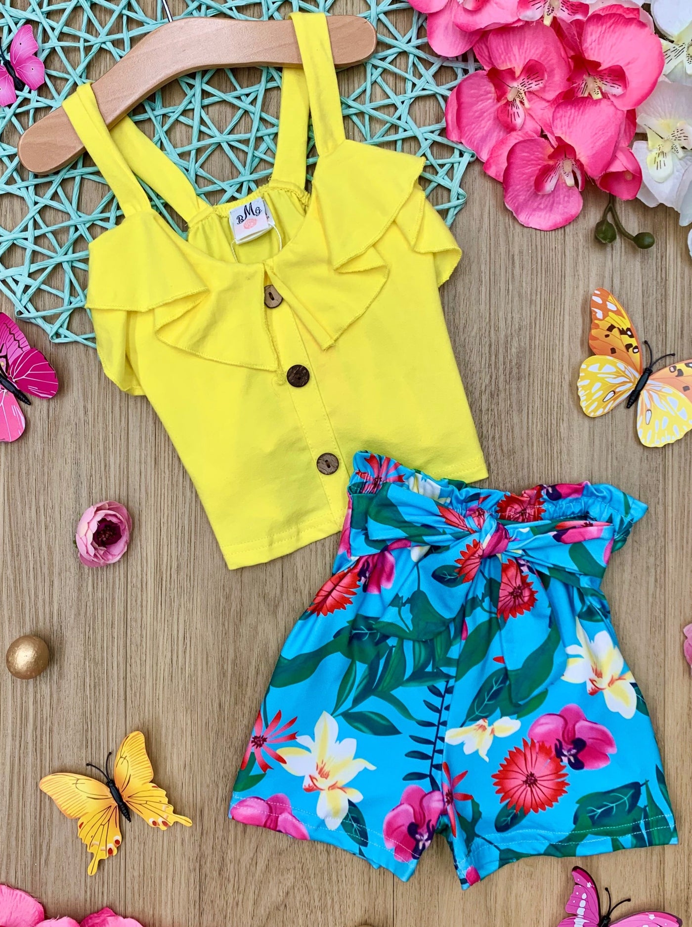 Girls Spring Outfits | Ruffle Bib Top & Tropical Print Shorts Set