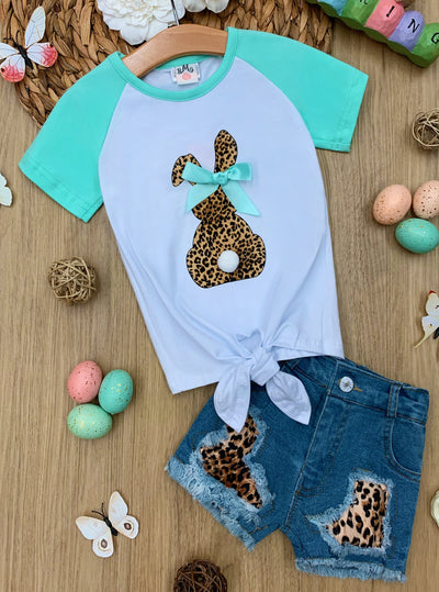 Girls Leopard Bunny Knotted Hem Top and Denim Shorts Set - Spring Sets 2T/10Y For Toddlers and Girls
