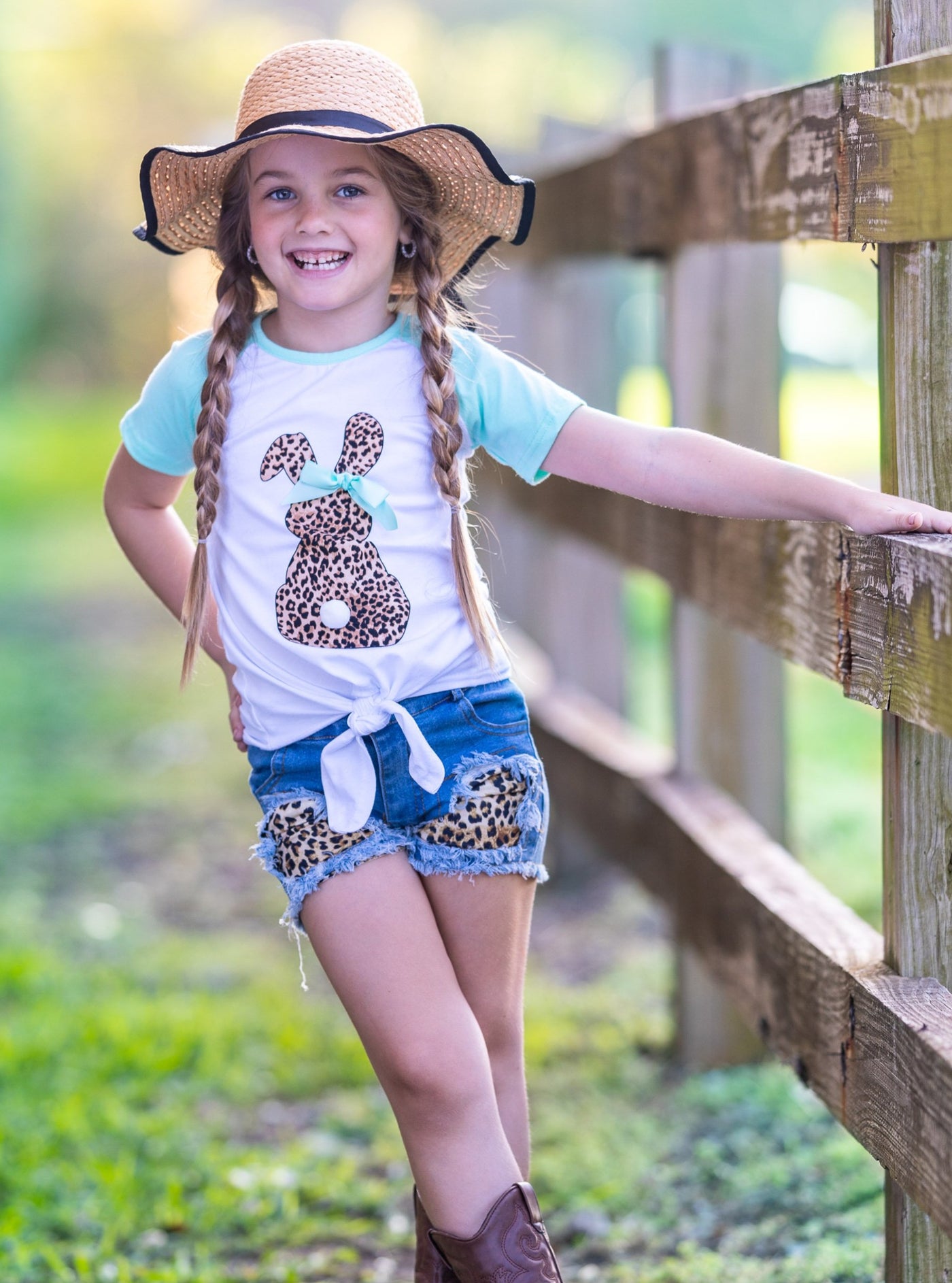 Girls Leopard Bunny Knotted Hem Top and Denim Shorts Set - Spring Sets 2T/10Y For Toddlers and Girls
