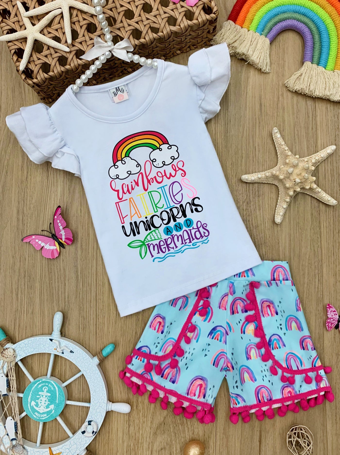 girls ruffled top with rainbows fairies uniconrs and mermaids graphic top and shorts with tassels 2T-10Y