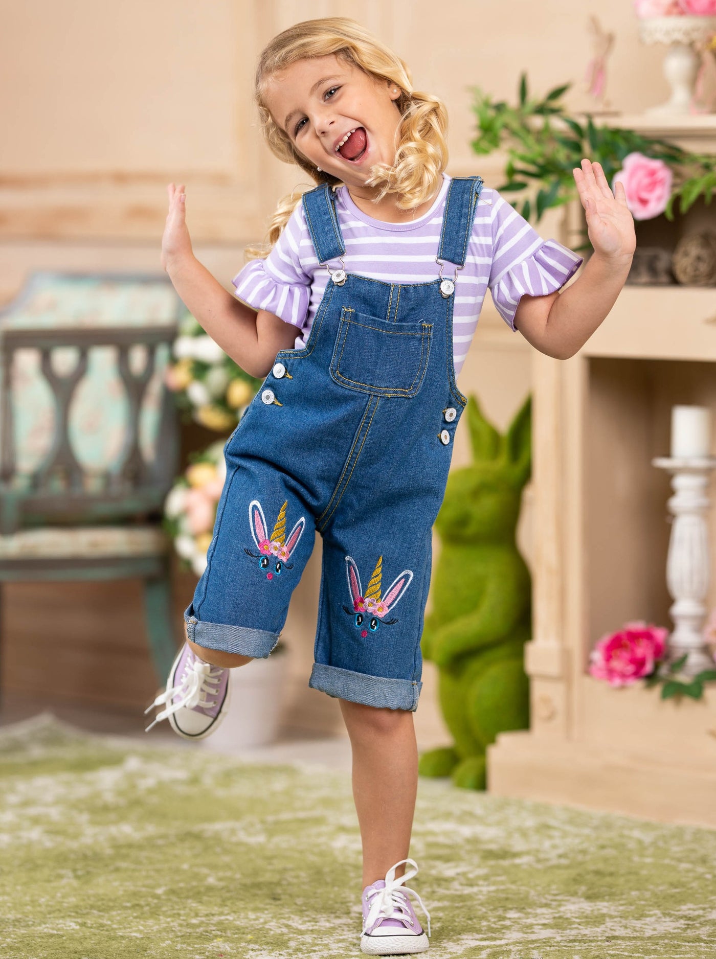Girls Easter striped top with ruffled short sleeves and denim overall capris with unicorn bunny embroidery 2T-10Y
