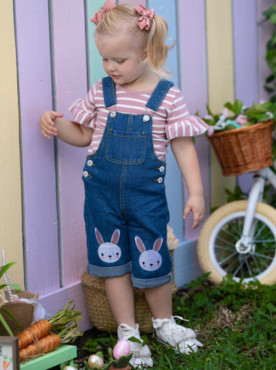 Causal Easter Outfits | Girls Striped Top & Denim Bunny Overall Set