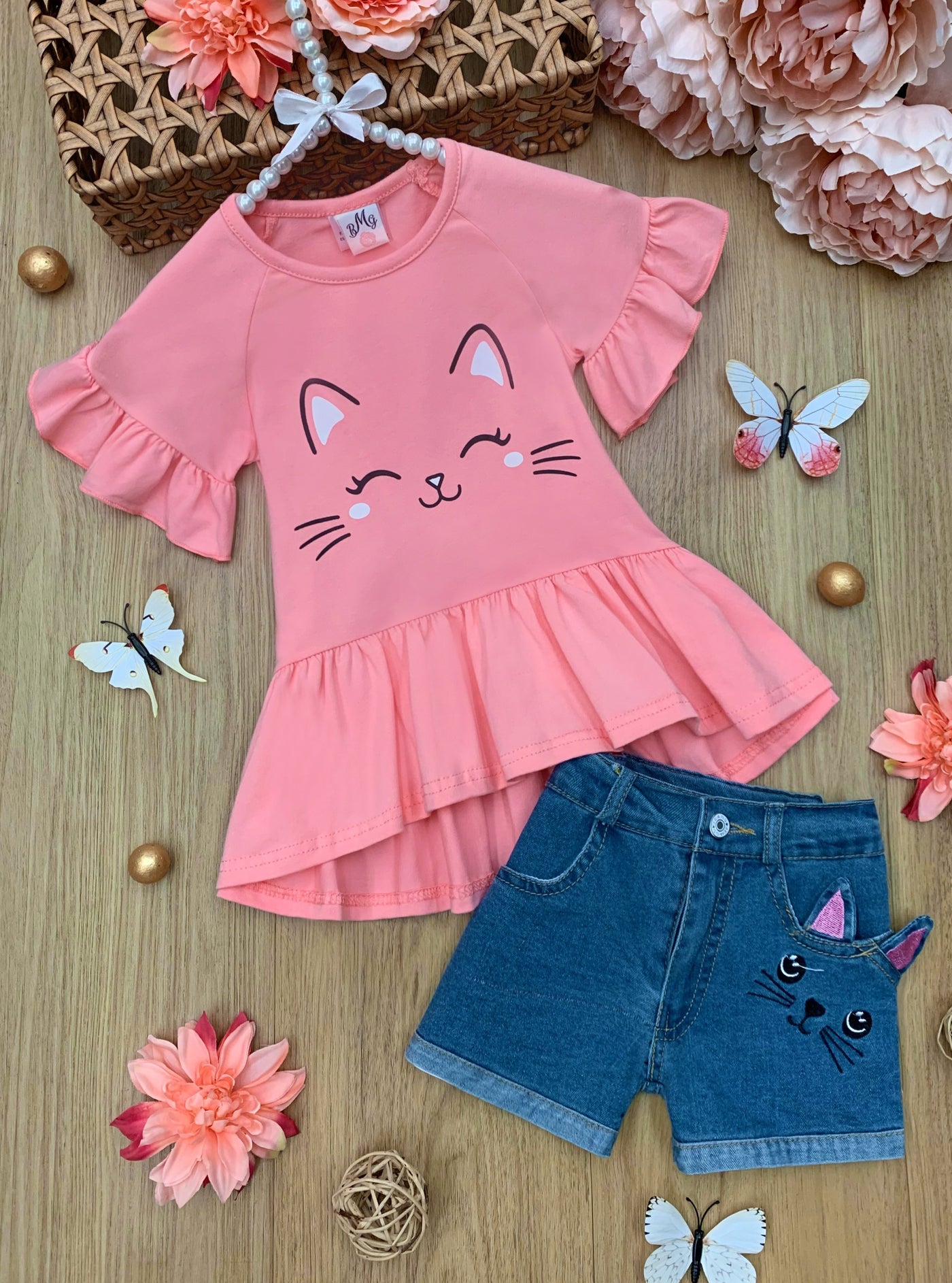 Kids Spring Clothes | Girls Kitty Cat Ruffle Top & Denim Shorts Set