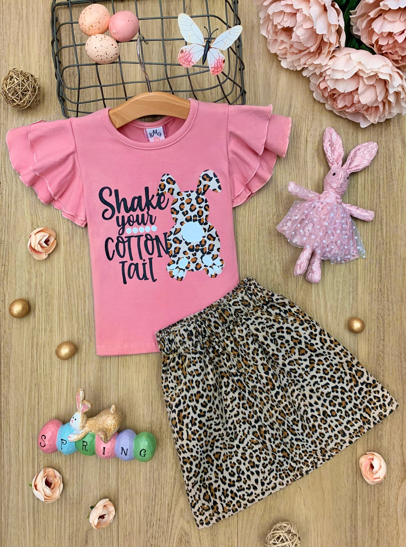 Girls Pink ruffled Shake Your Cotton Tail Top and leopard  Skirt Set 2T-10Y