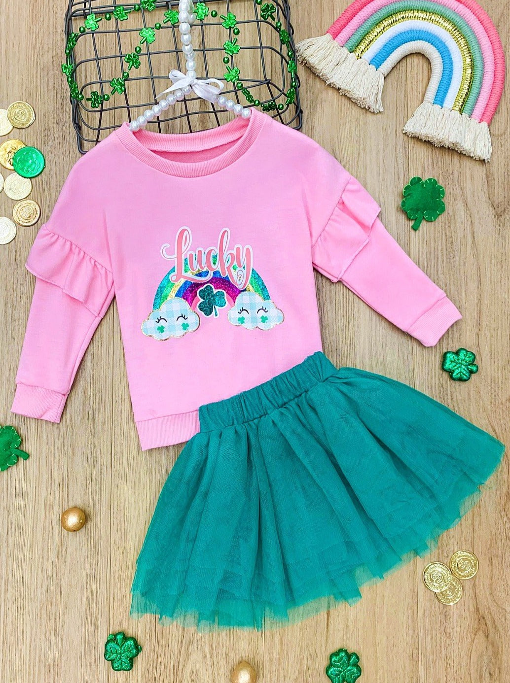St. Patrick's Day Clothes | Girls Lucky Rainbow Ruffle Top & Tutu Set