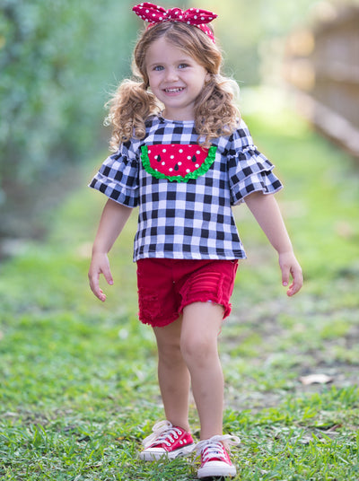 girls spring ruffled short sleeved top with watermelon applique and red distressed denim shorts 2T-10T