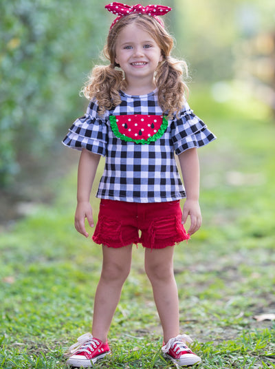girls spring ruffled short sleeved top with watermelon applique and red distressed denim shorts 2T-10T