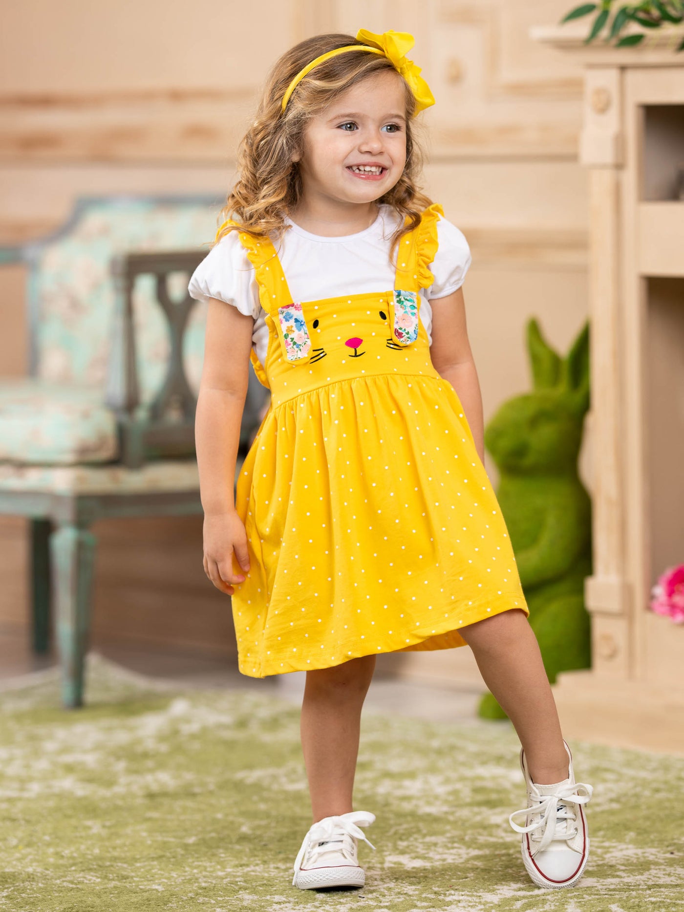 Girls Casual Easter Sets | White Top & Polka Dot Bunny Overall Dress
